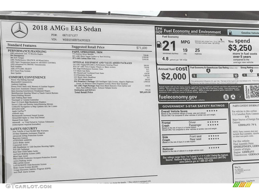 2018 Mercedes-Benz E 43 AMG 4Matic Sedan Window Sticker Photo #128611719