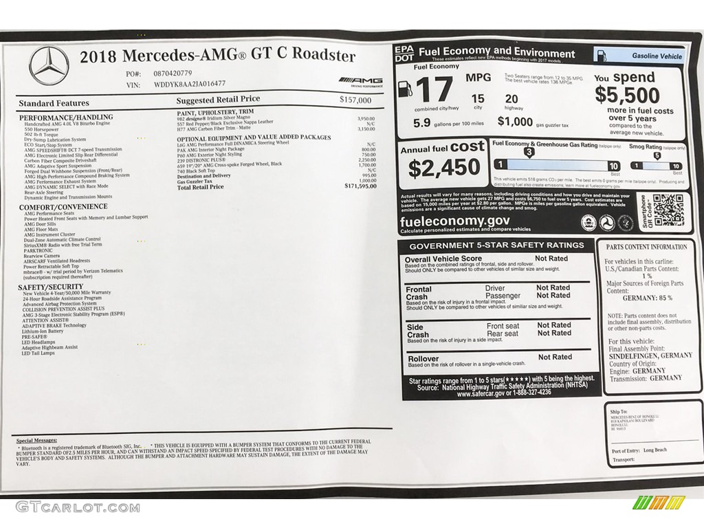 2018 Mercedes-Benz AMG GT C Roadster Window Sticker Photo #128612714