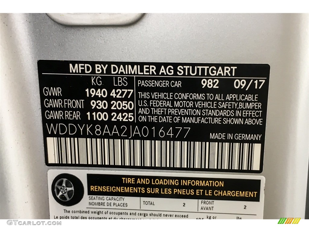 2018 AMG GT Color Code 982 for designo Iridium Silver Magno (Matte) Photo #128612814