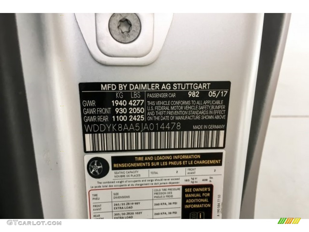 2018 AMG GT Color Code 982 for designo Iridium Silver Magno (Matte) Photo #128654449