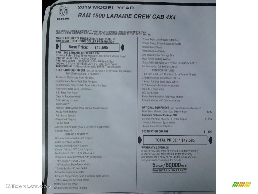 2019 1500 Laramie Crew Cab 4x4 - Billett Silver Metallic / Black photo #38