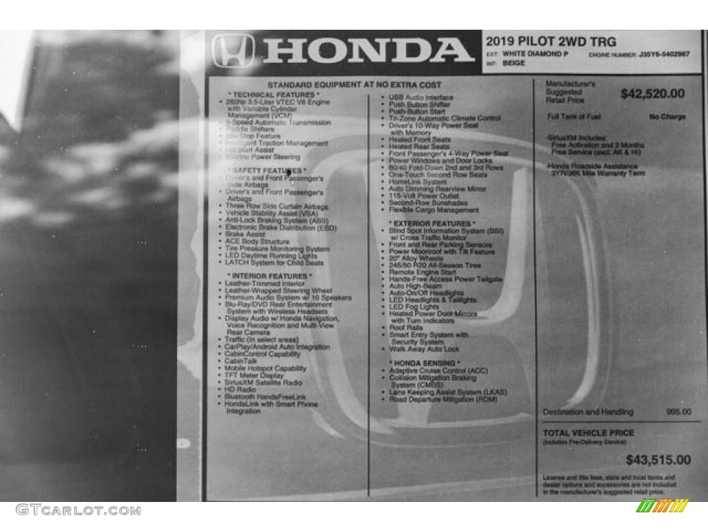2019 Honda Pilot Touring Window Sticker Photo #128788138