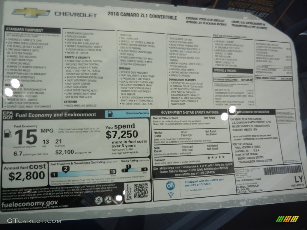 2018 Chevrolet Camaro ZL1 Convertible Window Sticker Photo #128809386
