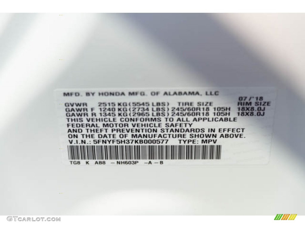 2019 Pilot Color Code NH603P for White Diamond Pearl Photo #128838762