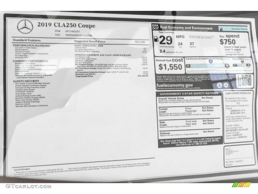 2019 Mercedes-Benz CLA 250 Coupe Window Sticker Photo #128846847