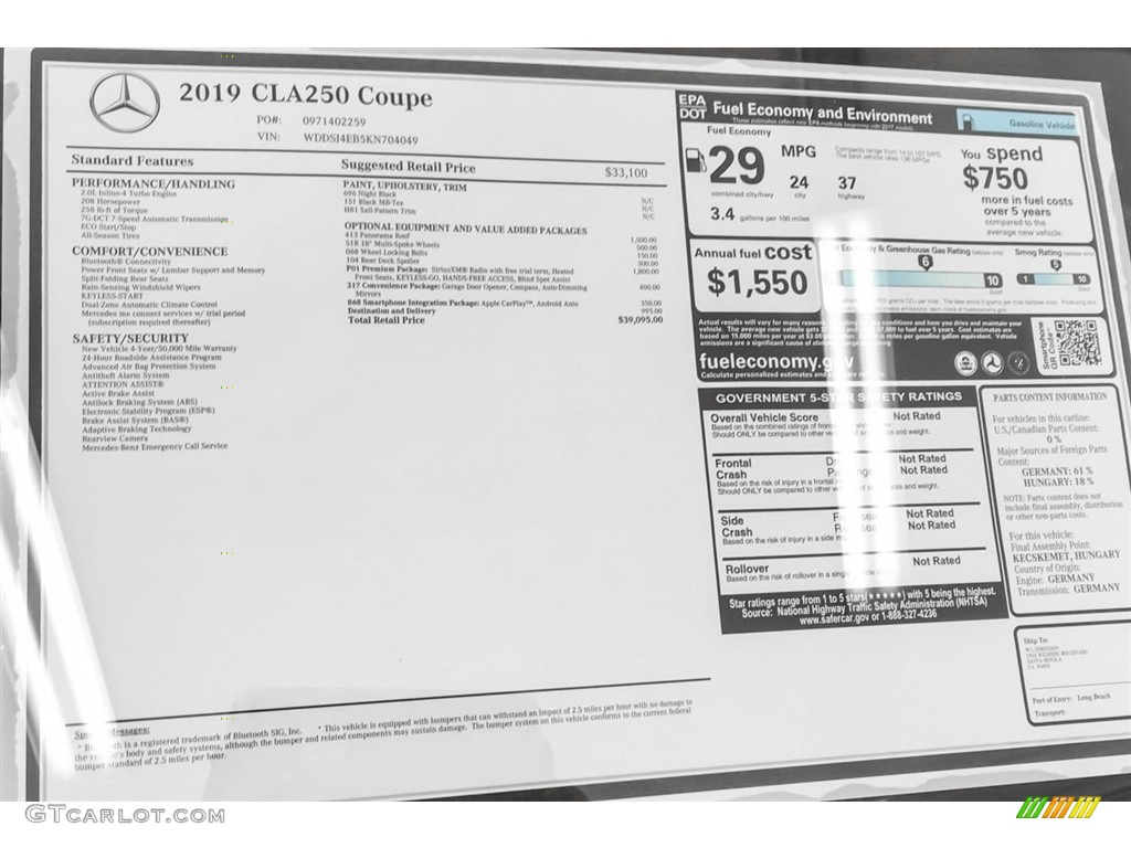 2019 Mercedes-Benz CLA 250 Coupe Window Sticker Photo #128847144