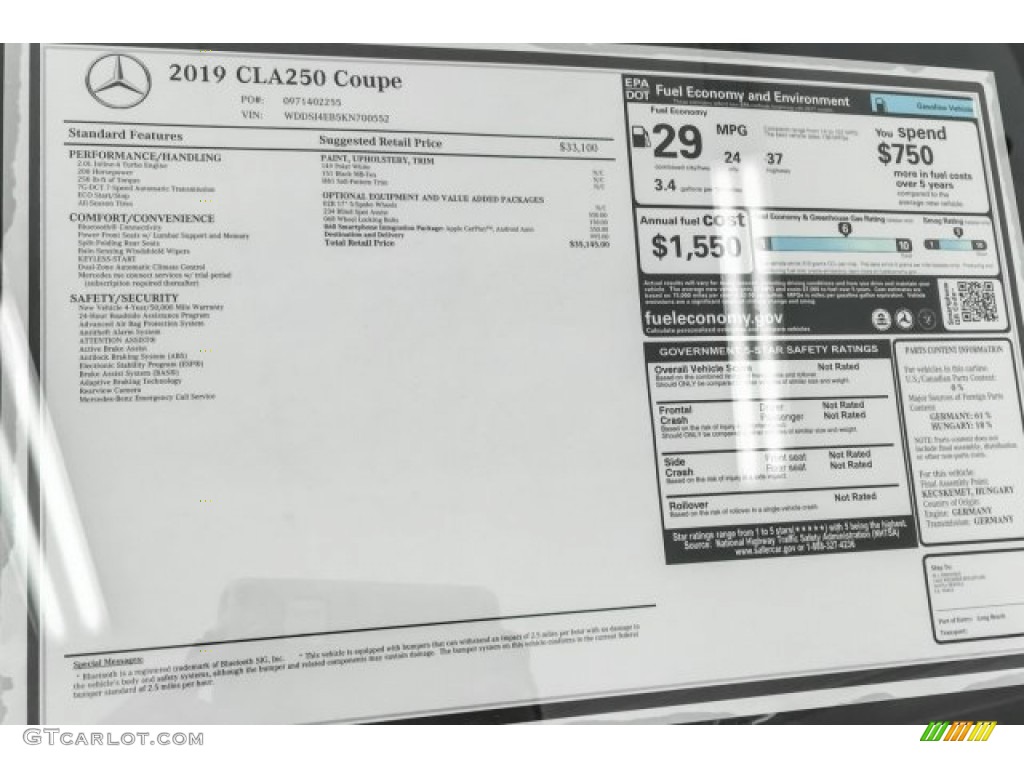 2019 Mercedes-Benz CLA 250 Coupe Window Sticker Photo #128847651