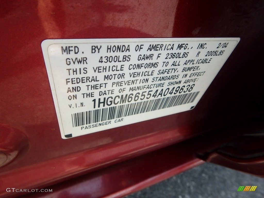 2004 Accord EX V6 Sedan - Redondo Red Pearl / Gray photo #14