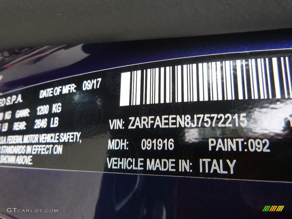 2018 Giulia Color Code 092 for Montecarlo Blue Metallic Photo #128868679