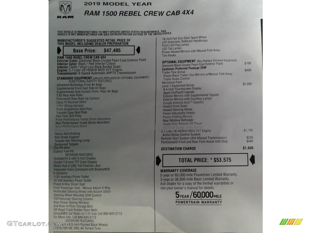 2019 Ram 1500 Rebel Crew Cab 4x4 Window Sticker Photo #128882974