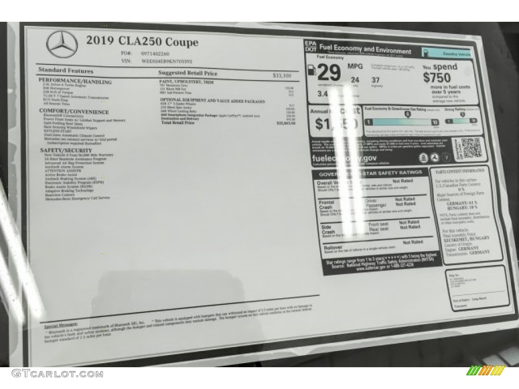 2019 Mercedes-Benz CLA 250 Coupe Window Sticker Photo #128892301