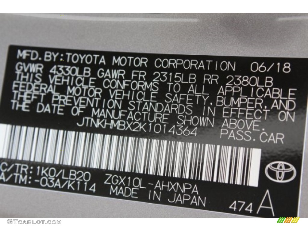 2019 C-HR Color Code 1K0 for Silver Knockout Metallic Photo #128909713