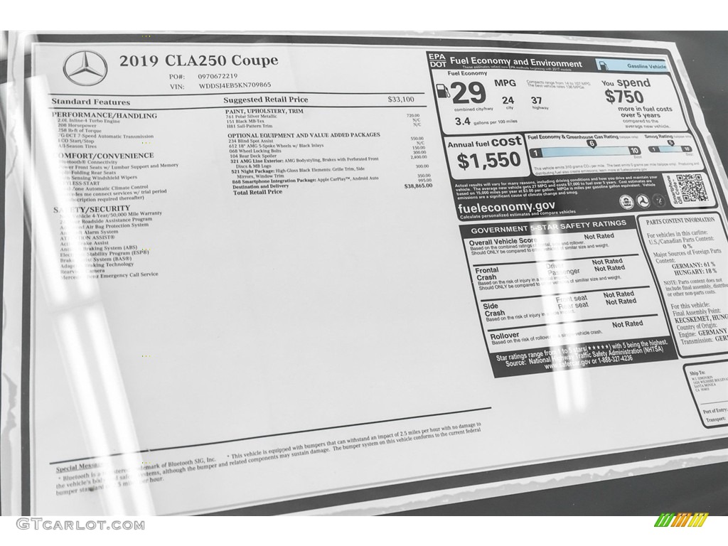 2019 Mercedes-Benz CLA 250 Coupe Window Sticker Photo #128910733