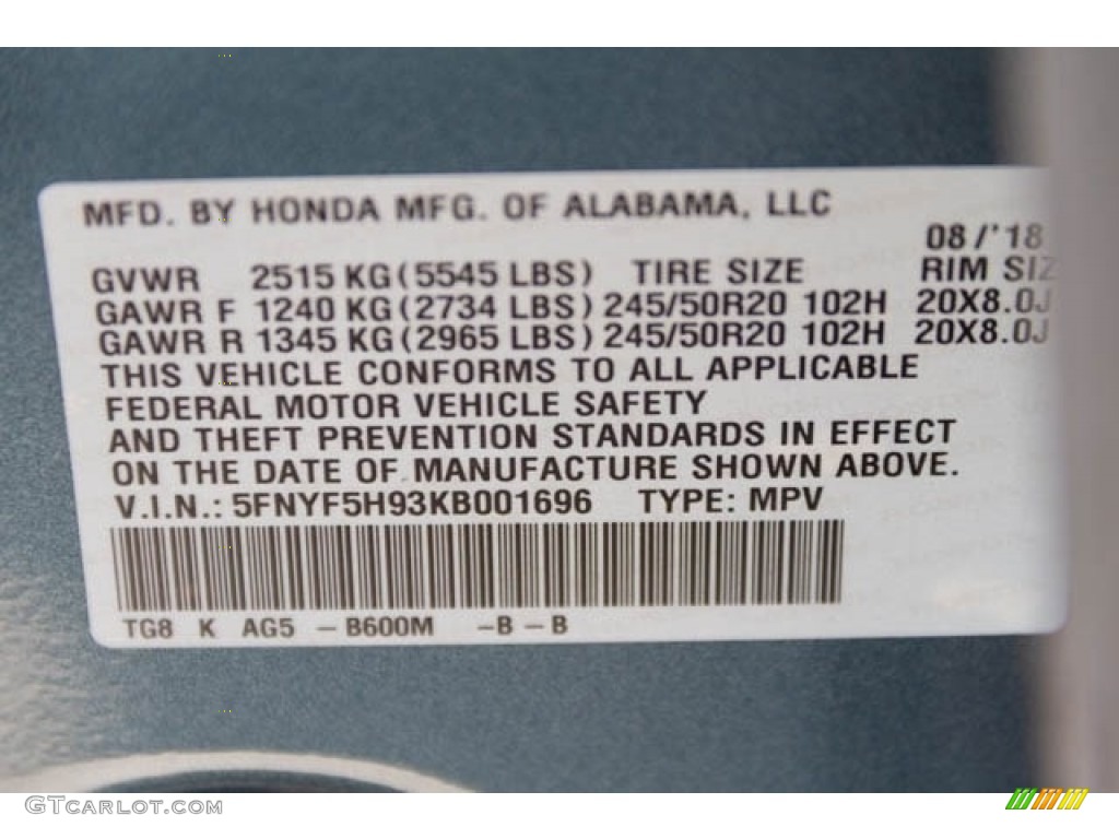 2019 Pilot Color Code B600M for Steel Sapphire Metallic Photo #128923241