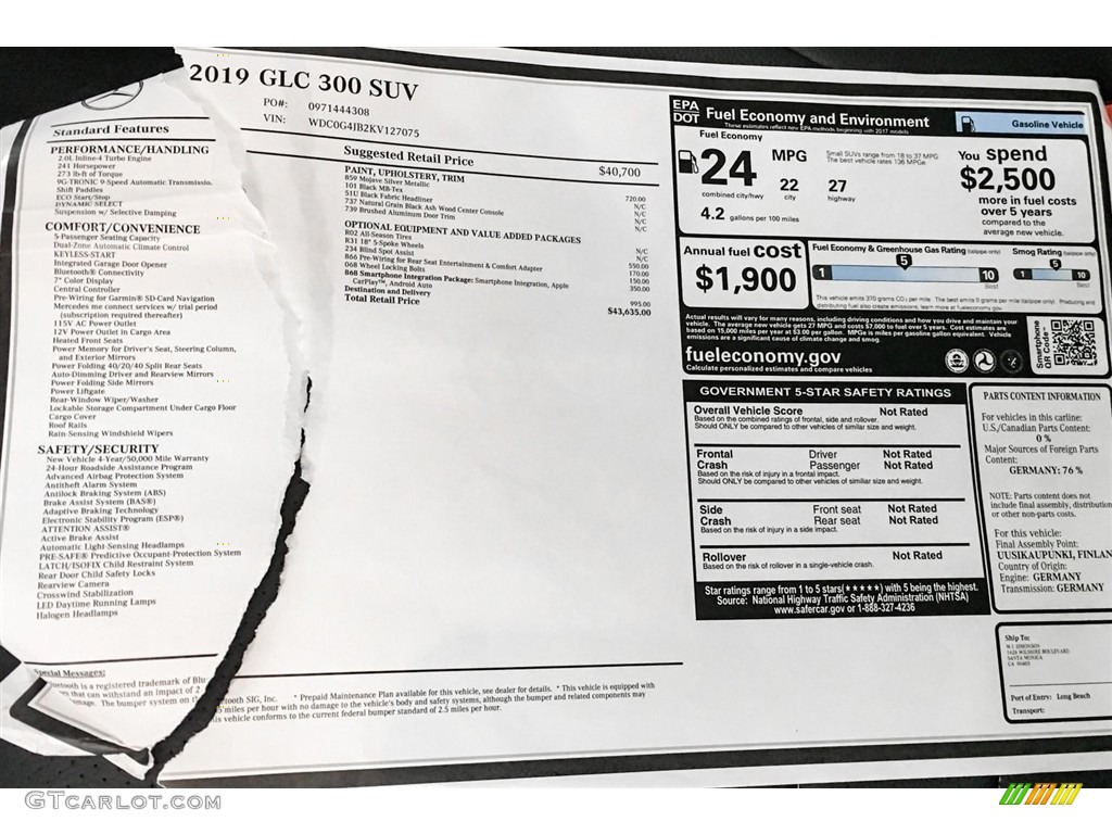 2019 Mercedes-Benz GLC 300 Window Sticker Photo #128943723