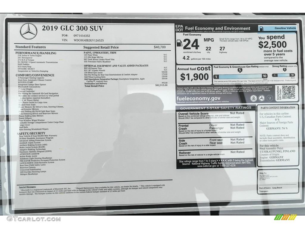 2019 Mercedes-Benz GLC 300 Window Sticker Photo #128943891
