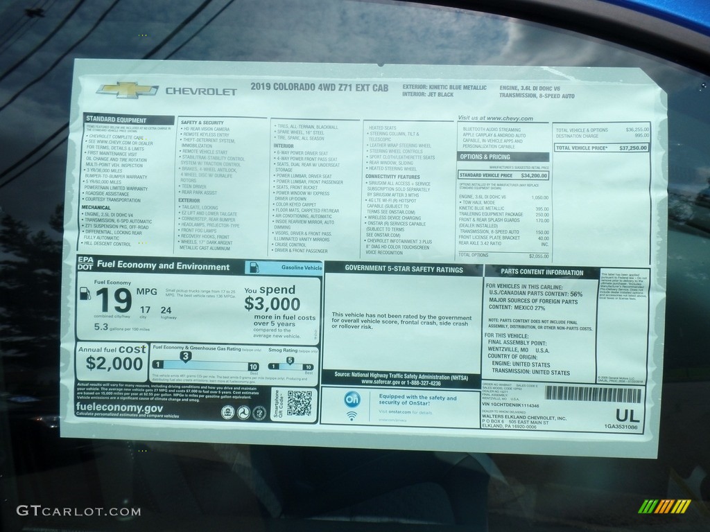 2019 Chevrolet Colorado Z71 Extended Cab 4x4 Window Sticker Photo #128980714