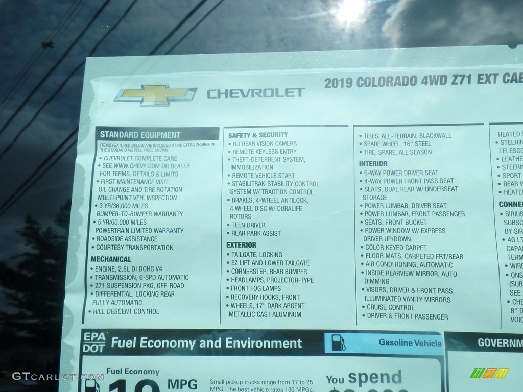 2019 Chevrolet Colorado Z71 Extended Cab 4x4 Window Sticker Photo #128980744
