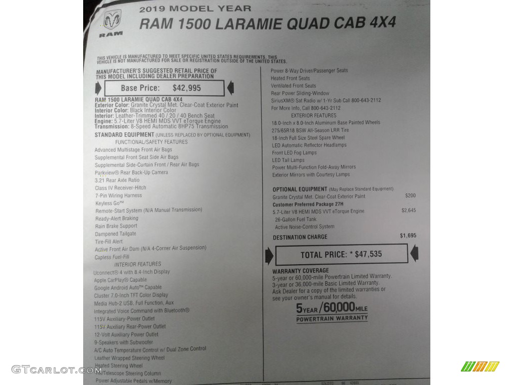 2019 Ram 1500 Laramie Quad Cab 4x4 Window Sticker Photo #128991167