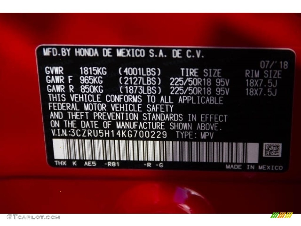 2019 HR-V Color Code R81 for Milano Red Photo #129042908