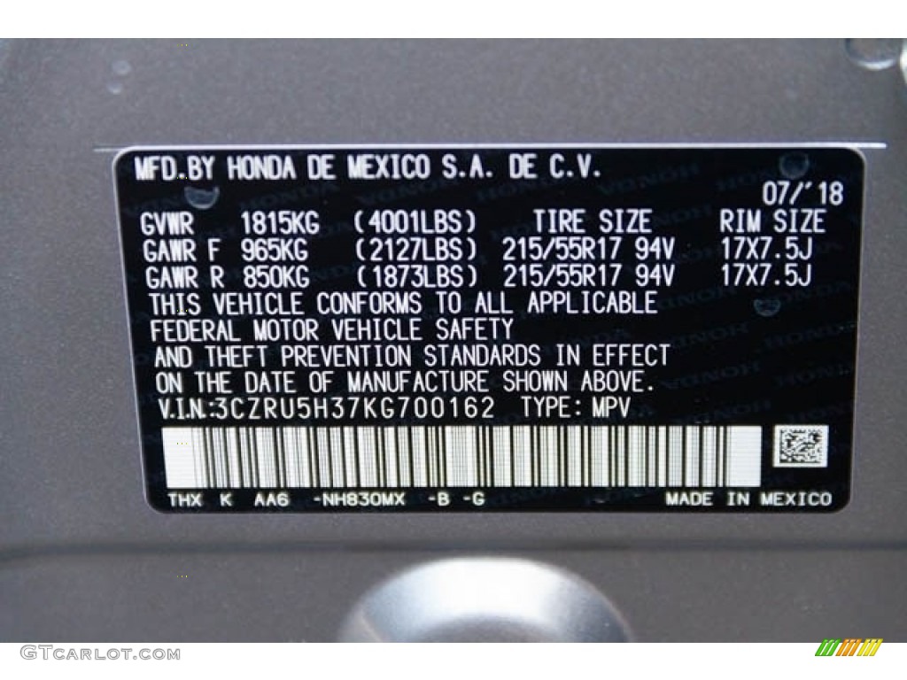 2019 HR-V Color Code NH830MX for Lunar Silver Metallic Photo #129043565