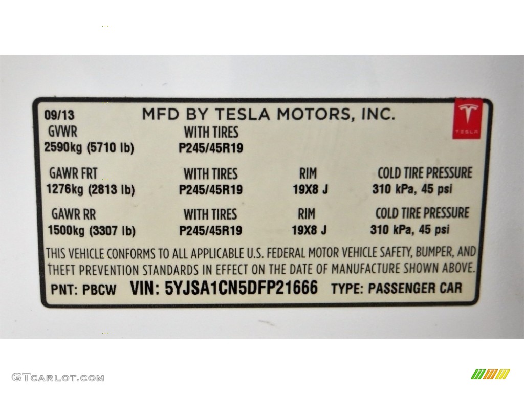 2013 Tesla Model S Standard Model S Model Info Tag Photo #129089811