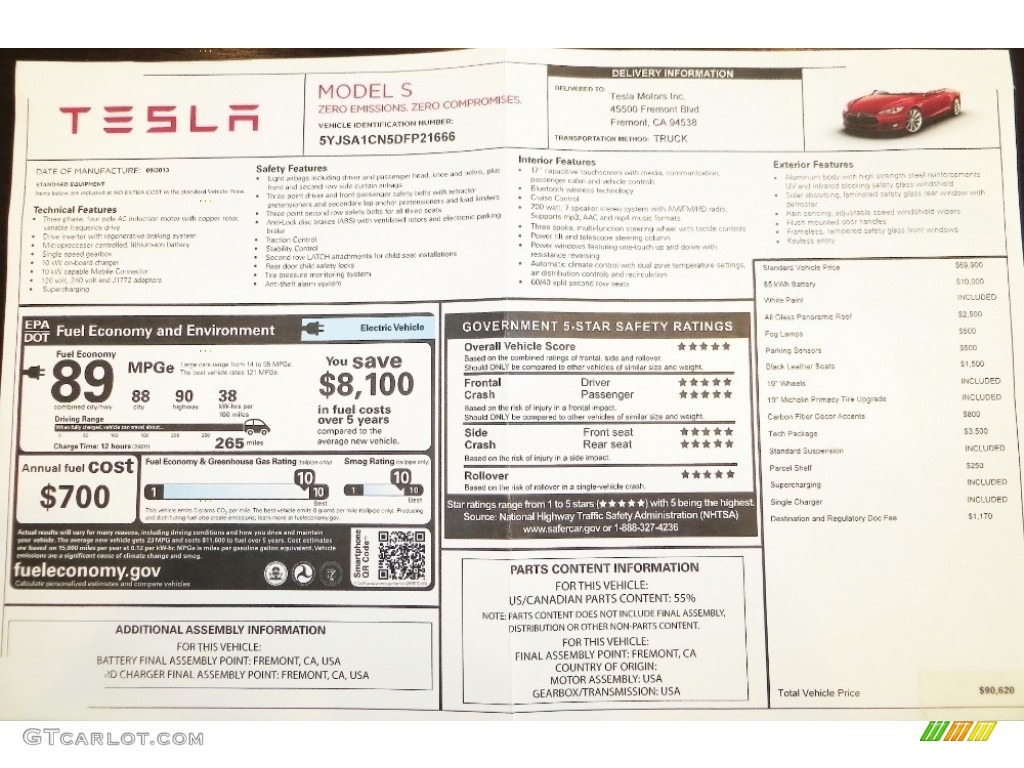 2013 Tesla Model S Standard Model S Model Window Sticker Photo #129089838
