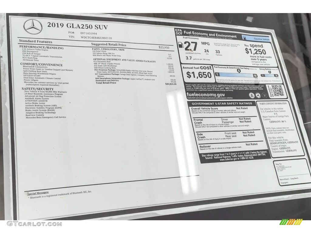 2019 Mercedes-Benz GLA 250 Window Sticker Photo #129161388