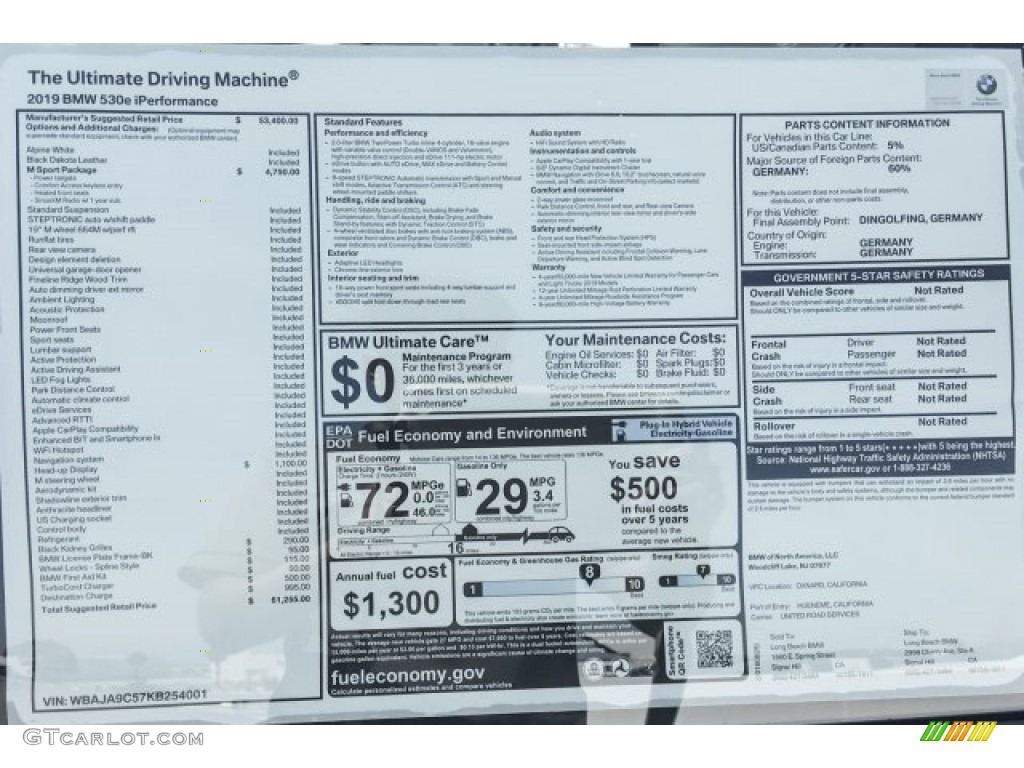 2019 BMW 5 Series 530e iPerformance Sedan Window Sticker Photo #129176159