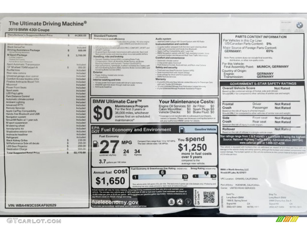 2019 BMW 4 Series 430i Coupe Window Sticker Photo #129180516