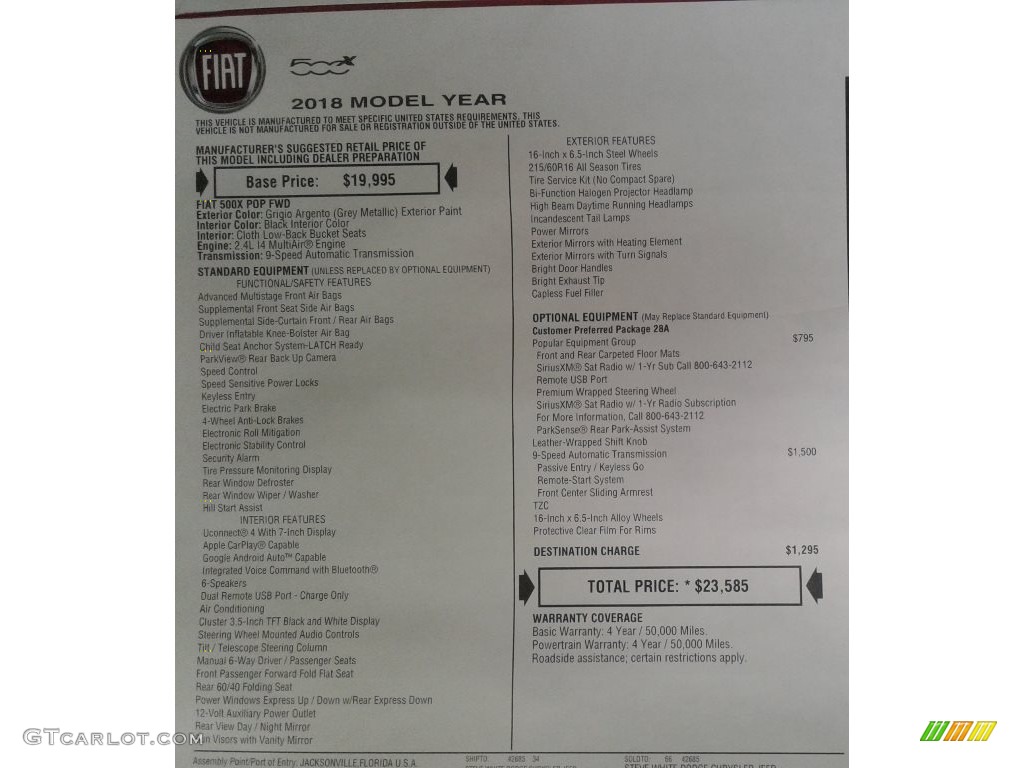 2018 Fiat 500X Pop Window Sticker Photo #129204830