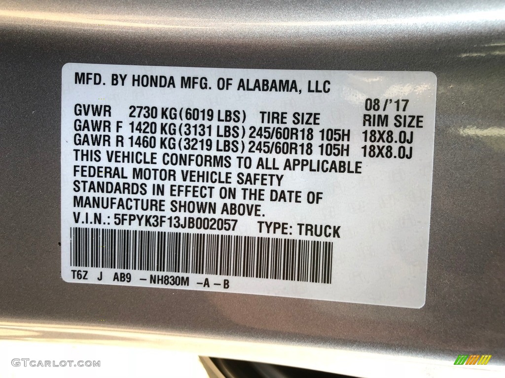 2018 Ridgeline Color Code NH830M for Lunar Silver Metallic Photo #129207308