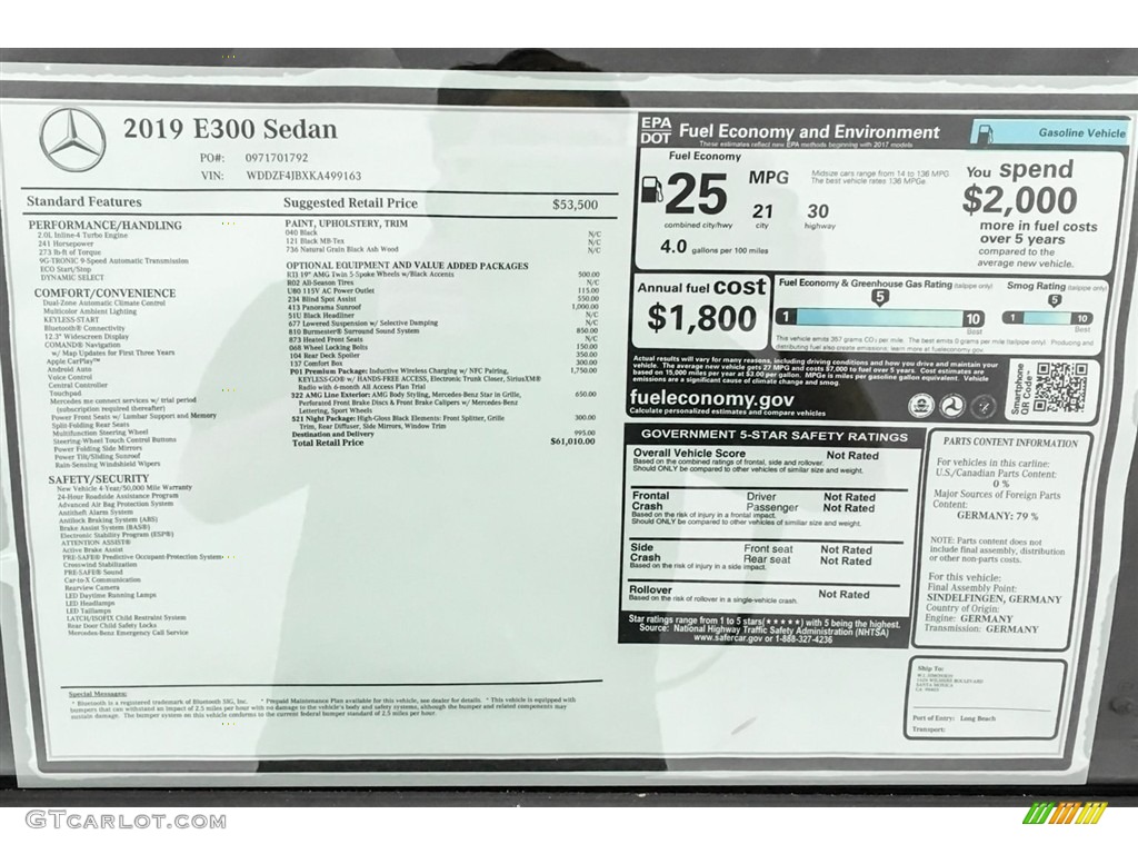 2019 Mercedes-Benz E 300 Sedan Window Sticker Photo #129215482