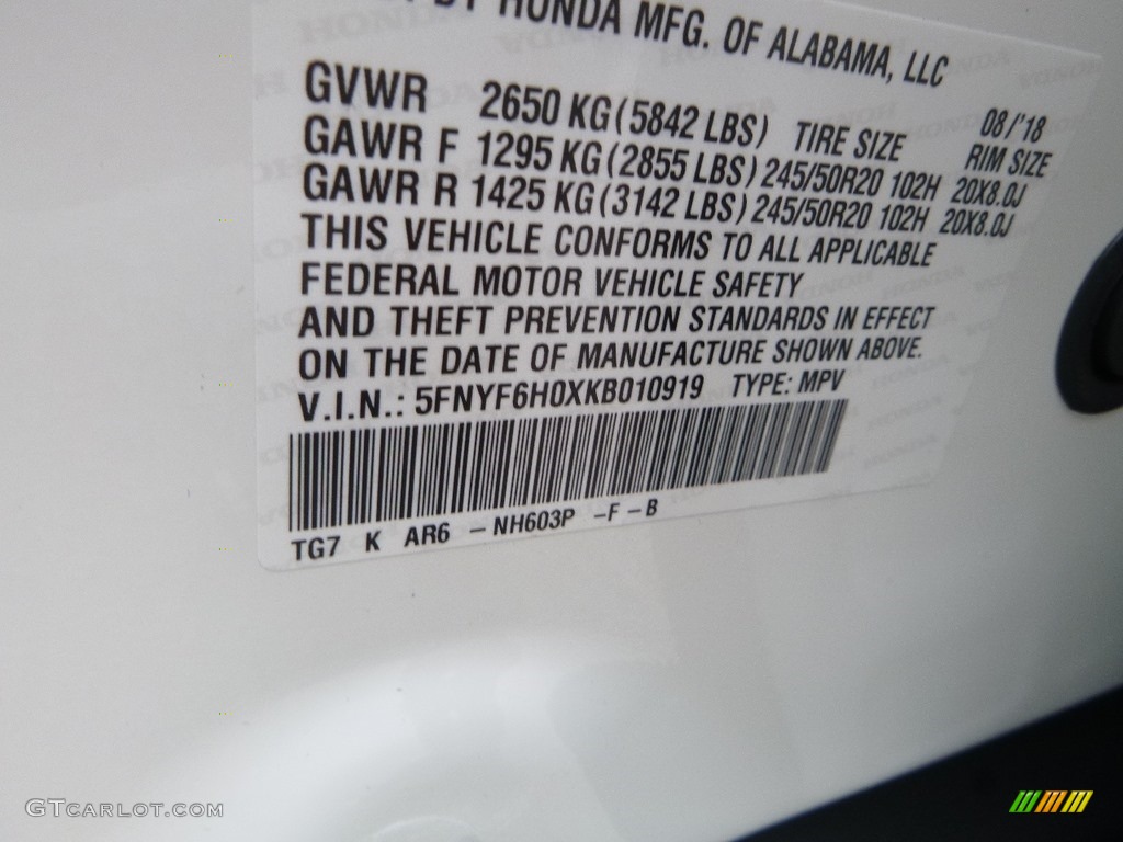 2019 Pilot Color Code NH603P for White Diamond Pearl Photo #129235857