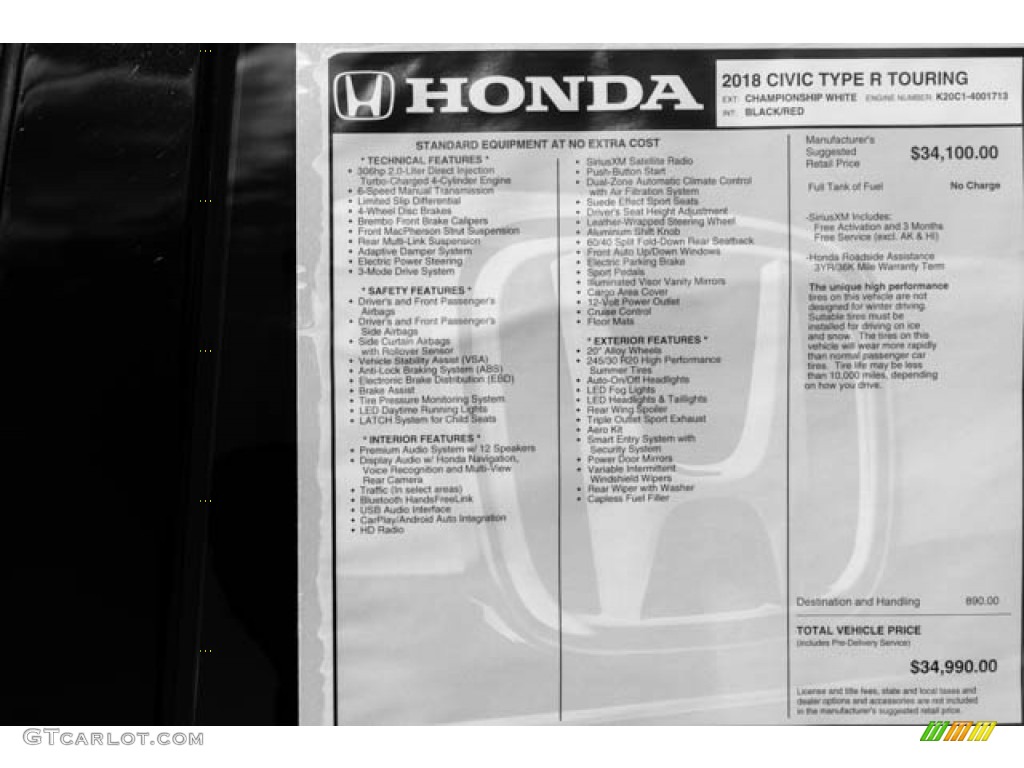 2018 Honda Civic Type R Window Sticker Photo #129281386