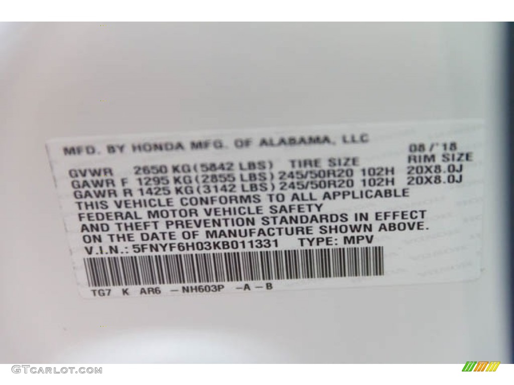 2019 Pilot Color Code NH603P for White Diamond Pearl Photo #129285976