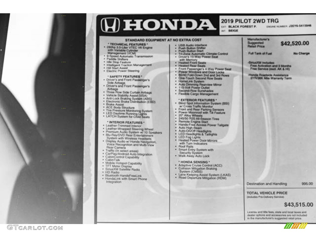 2019 Honda Pilot Touring Window Sticker Photo #129298170