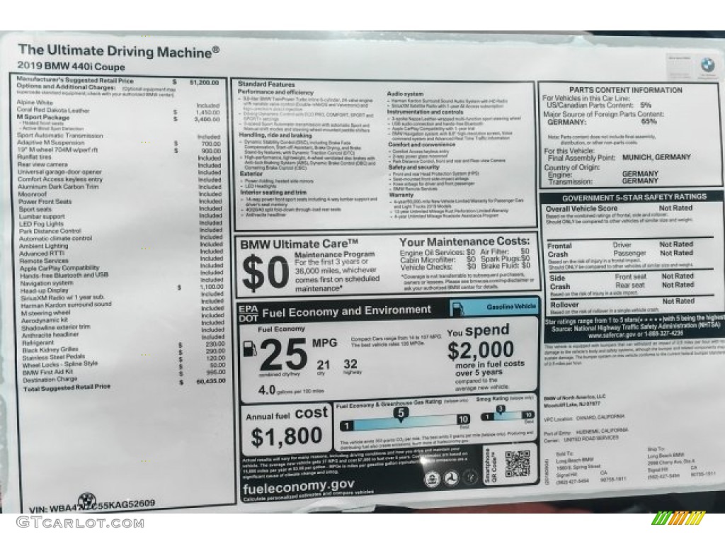 2019 BMW 4 Series 440i Coupe Window Sticker Photo #129298238
