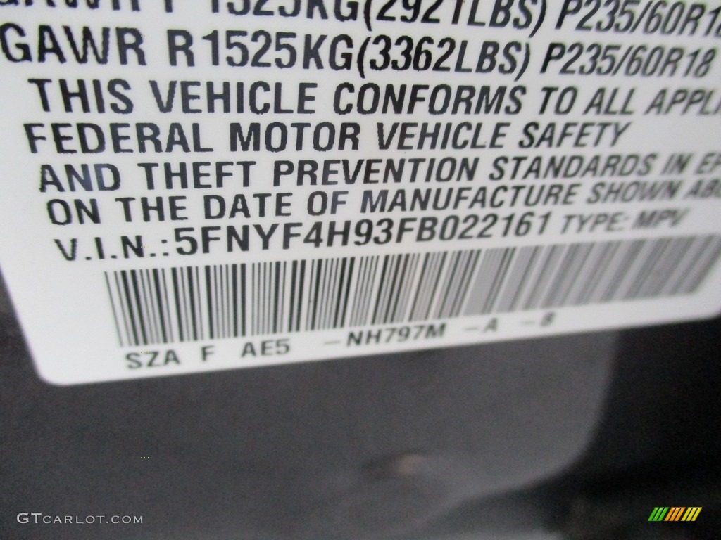 2015 Pilot Touring 4WD - Modern Steel Metallic / Black photo #19