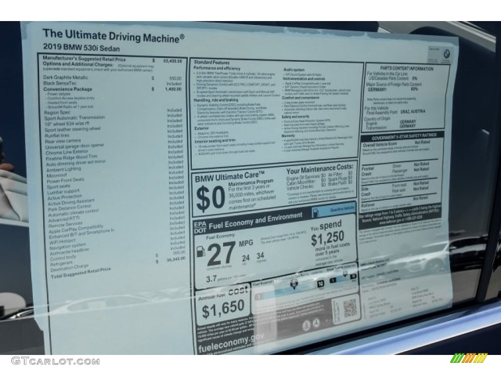 2019 BMW 5 Series 530i Sedan Window Sticker Photo #129360167