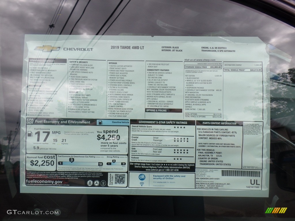 2019 Chevrolet Tahoe LT 4WD Window Sticker Photo #129396425