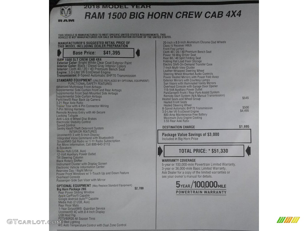 2018 1500 Big Horn Crew Cab 4x4 - Bright White / Black/Diesel Gray photo #34