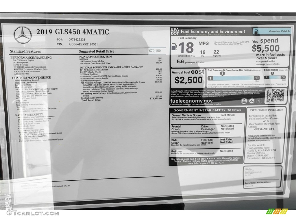 2019 Mercedes-Benz GLS 450 4Matic Window Sticker Photo #129433452