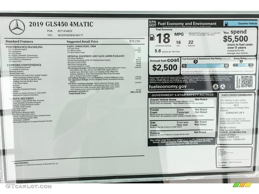 2019 Mercedes-Benz GLS 450 4Matic Window Sticker Photo #129433725