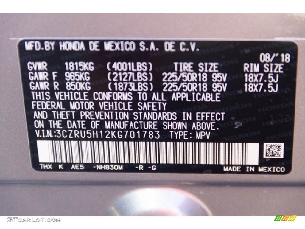 2019 HR-V Color Code NH830M for Lunar Silver Metallic Photo #129513147