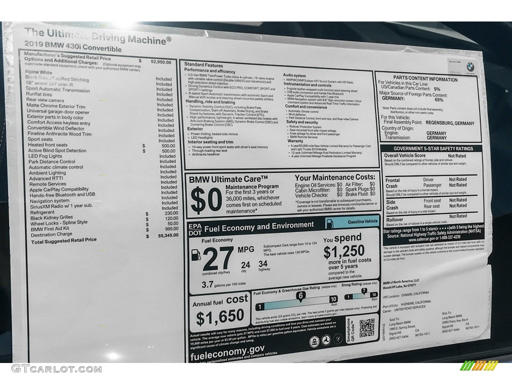 2019 BMW 4 Series 430i Convertible Window Sticker Photos
