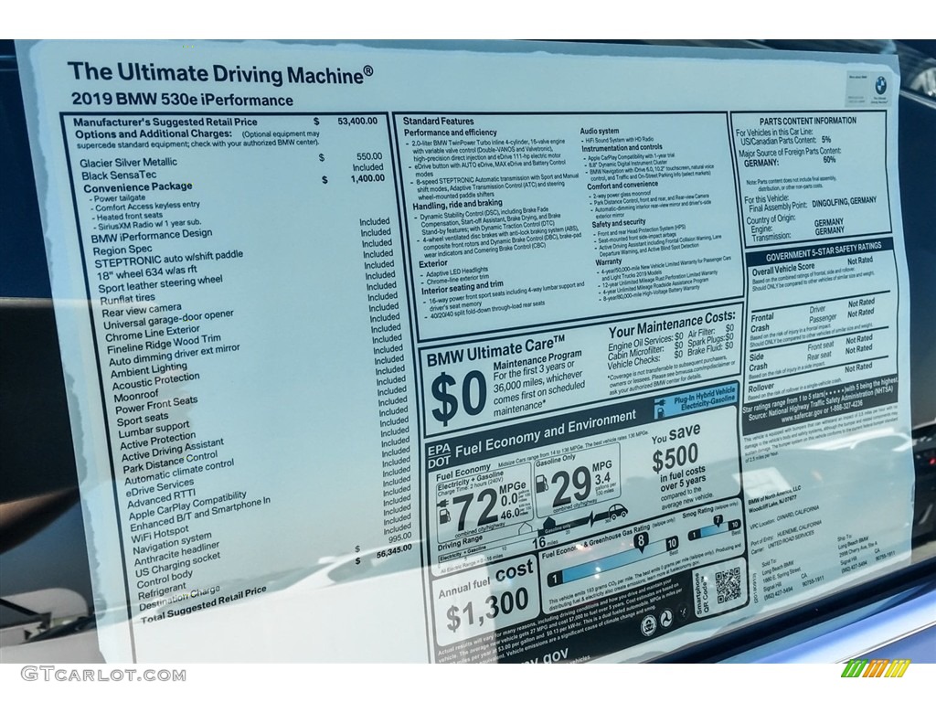 2019 BMW 5 Series 530e iPerformance Sedan Window Sticker Photo #129521891