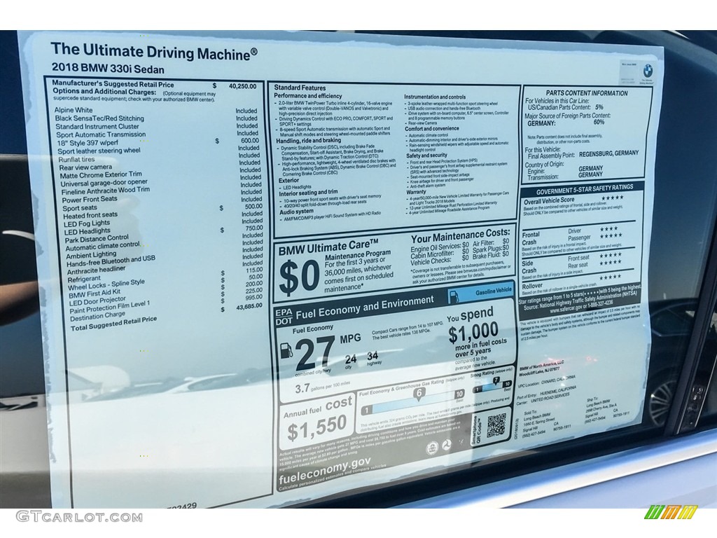 2018 3 Series 330i Sedan - Alpine White / Black photo #9