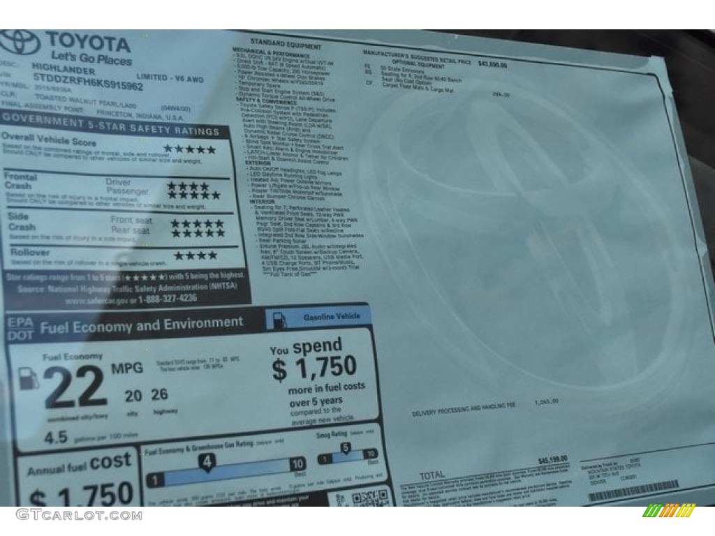 2019 Toyota Highlander Limited AWD Window Sticker Photo #129527030