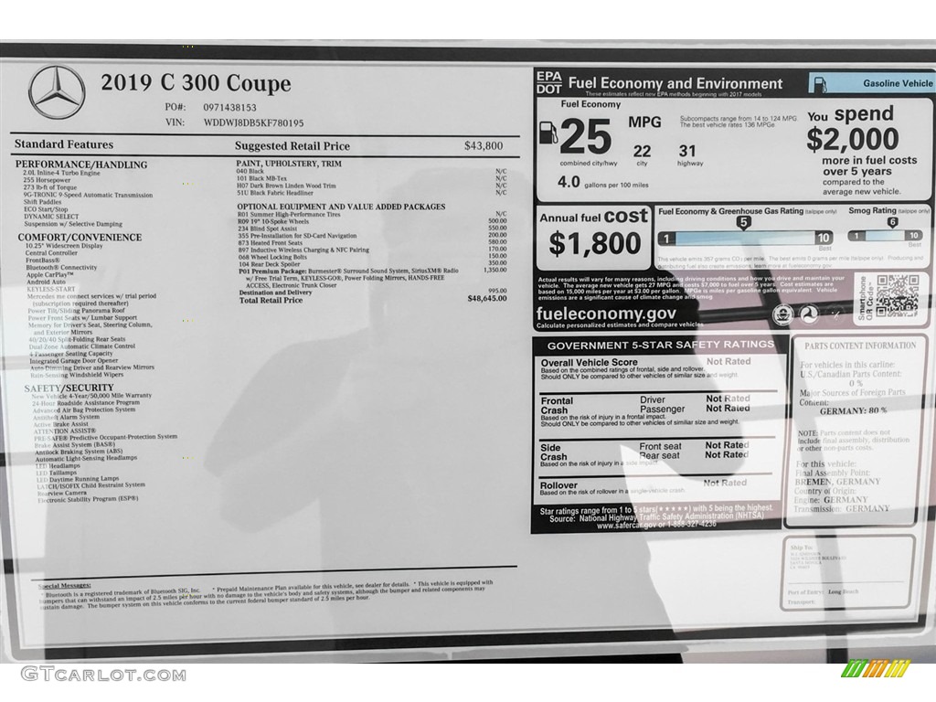 2019 Mercedes-Benz C 300 Coupe Window Sticker Photo #129541379